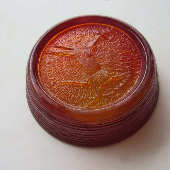 MCM Heavy Orange and Yellow Reverse Carved Glass Deer Design Ashtray - Picture 5 of 6